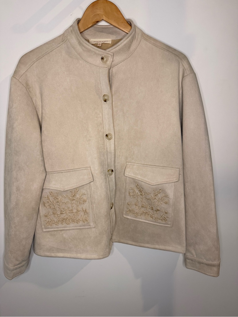 Solitaire Faux Suede Embroidered Cream Button Down Jacket - Size Large